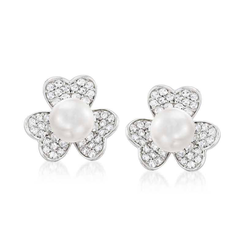 Sterling silver flower stud earrings with white pearl center and white topaz-style stones