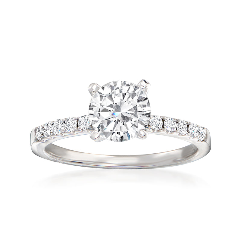 14kt white gold diamond engagement ring setting with round center stone and pave band