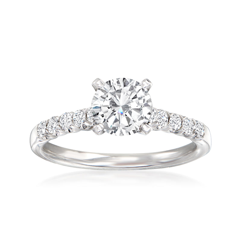 14kt white gold diamond engagement ring setting, round center stone with side stones