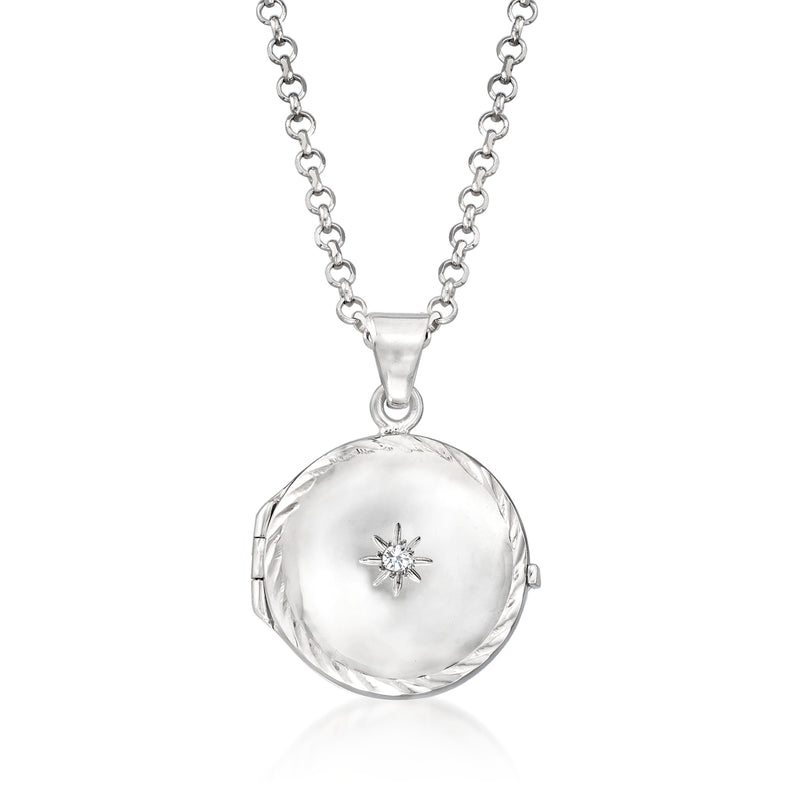Sterling silver locket pendant necklace, round locket with star diamond accent