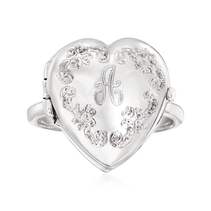 Sterling silver heart locket ring with floral engravings and monogram on face