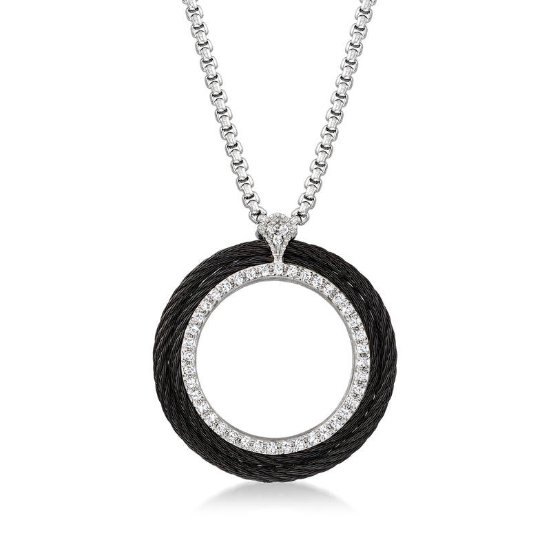 Circle pendant necklace with black braided outer ring, diamond halo, silver chain