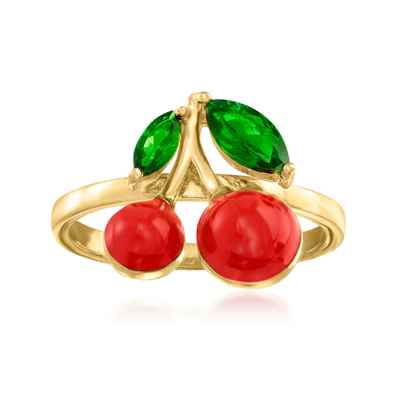 Gold-tone cherry ring with two red enamel domes and green gemstone accents