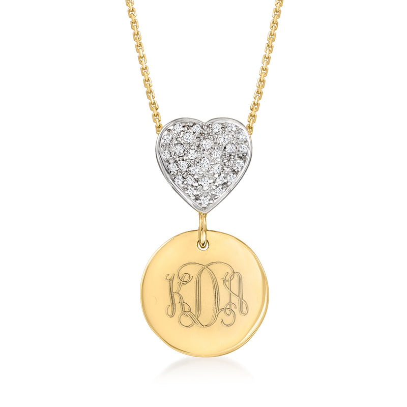 14kt yellow gold necklace with diamond heart pendant and round engraved disc