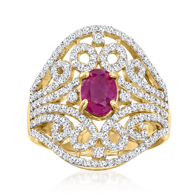 18kt gold-over-sterling ring with oval red ruby-like center and round white zircons