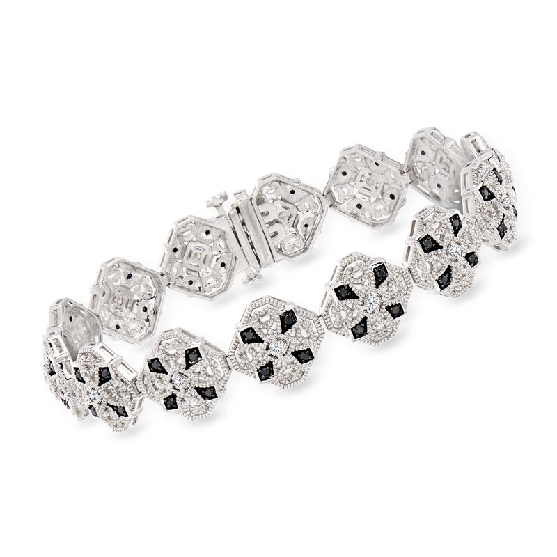 Sterling silver vintage-style bracelet with black and white gemstone-look accents