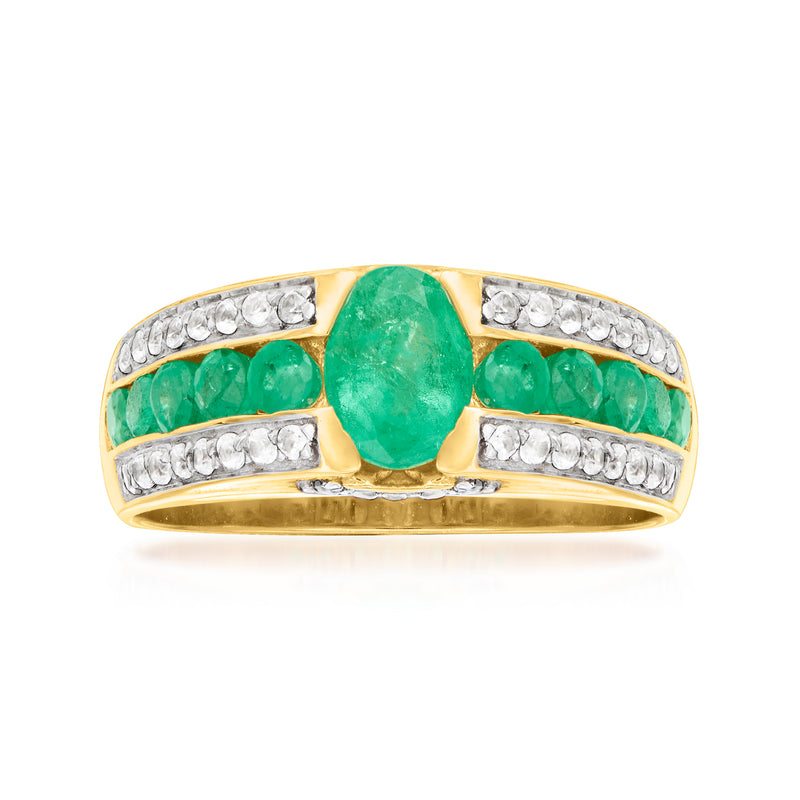 18kt gold over sterling ring with oval green gemstone, side green stones, and white zircon accents