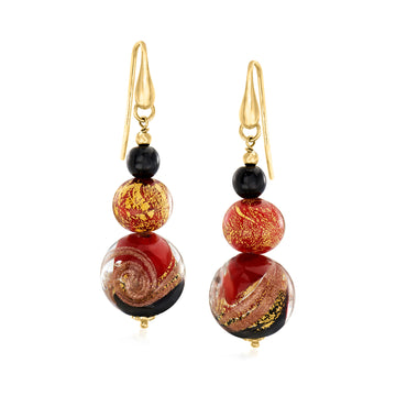 Italian Red, Black and Gold Murano Glass Drop Earrings in 18kt Gold Over Sterling