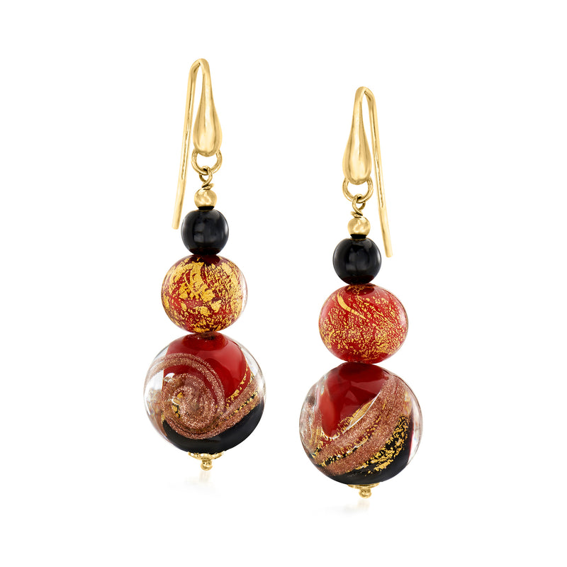 Gold-tone earwire drop earrings with red, black, and gold Murano-style glass beads