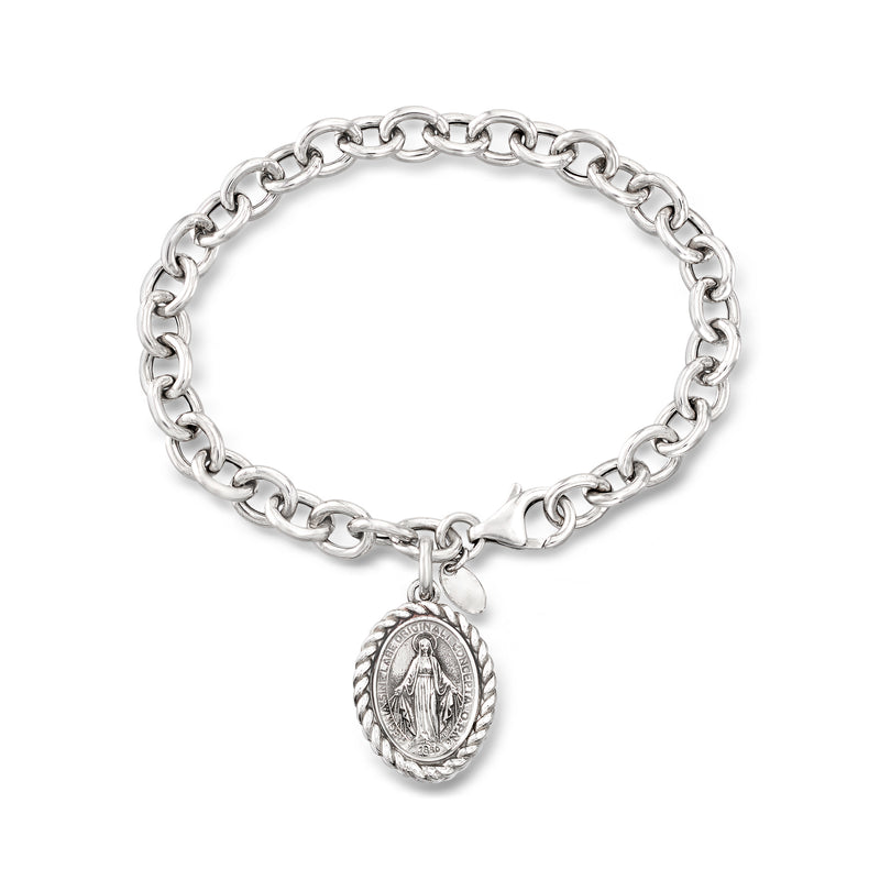 Sterling silver charm bracelet with oval Miraculous Medal pendant, link chain