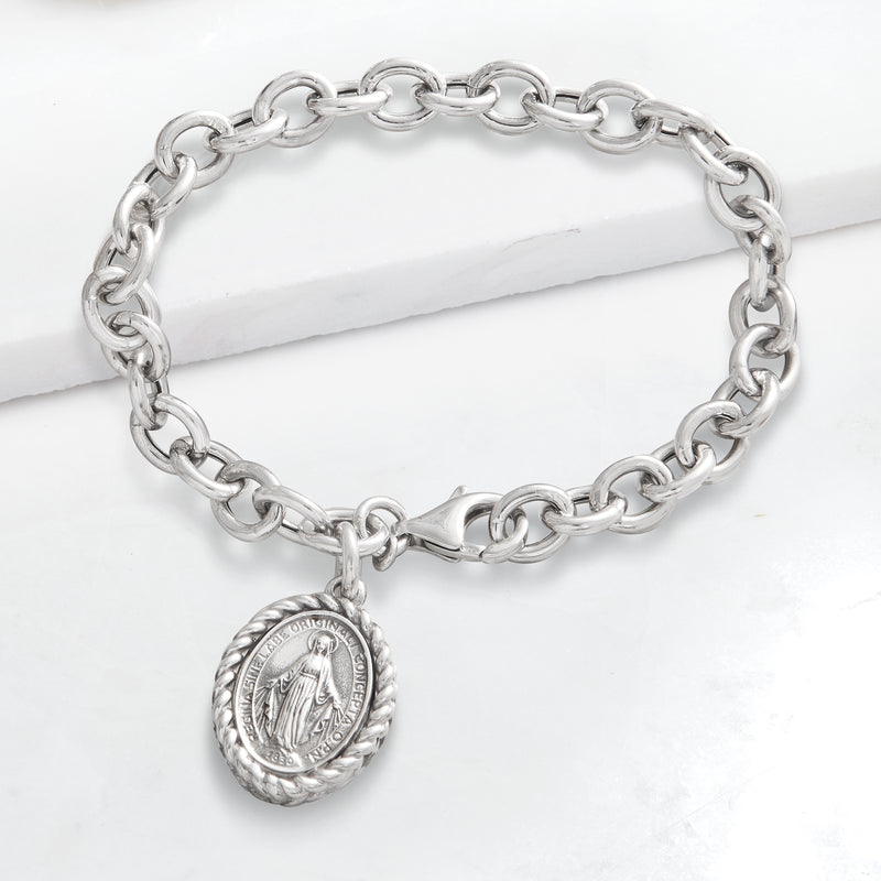 Sterling silver link bracelet with oval Miraculous Medal charm pendant