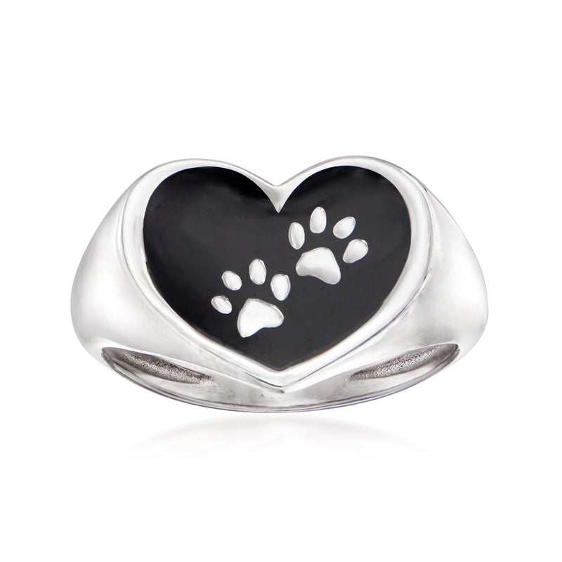 Sterling silver heart paw-print ring with black enamel, polished band