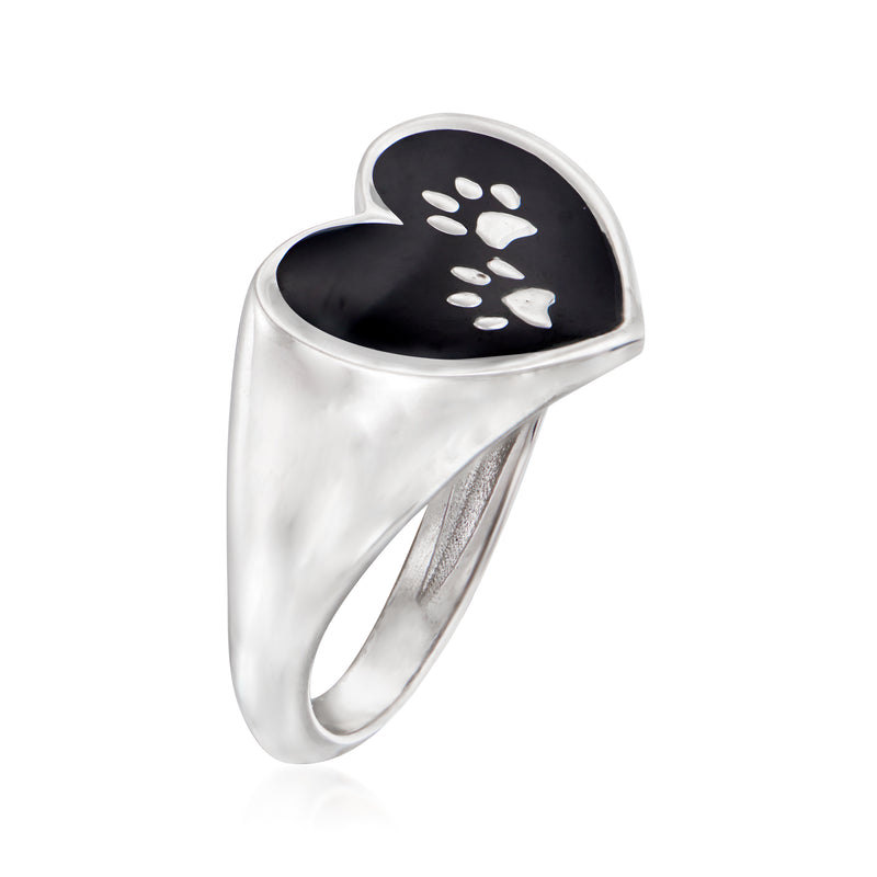 Sterling silver heart paw-print ring with black enamel, side view