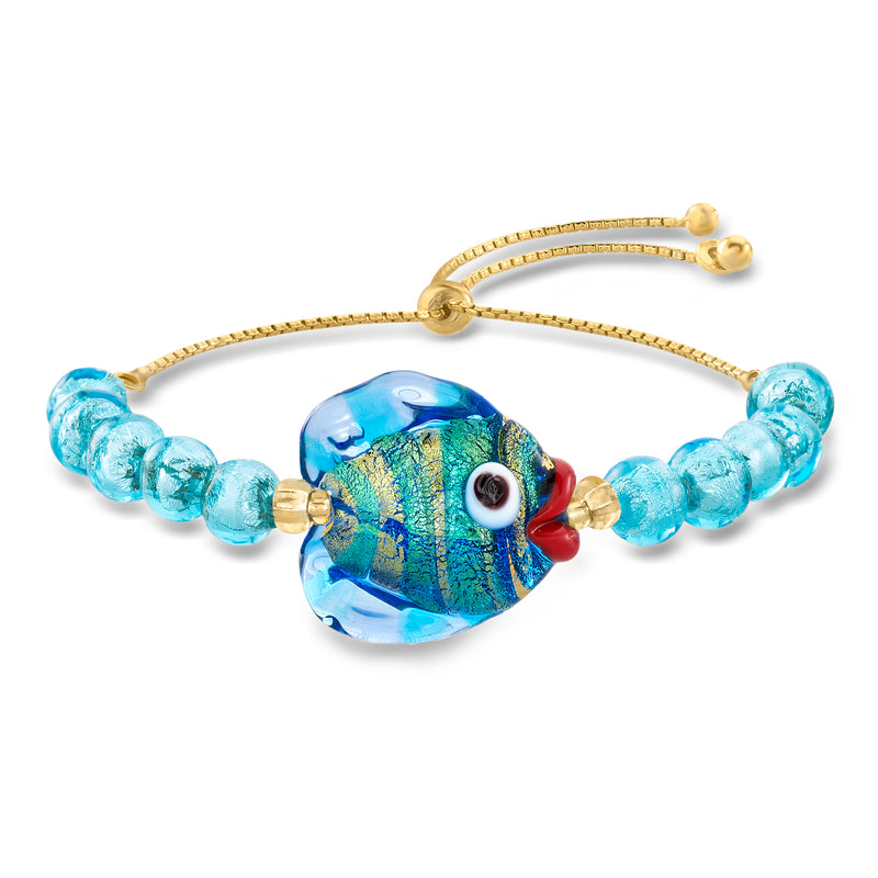 Beaded bolo bracelet with blue Murano-style fish charm, turquoise glass beads, gold accents