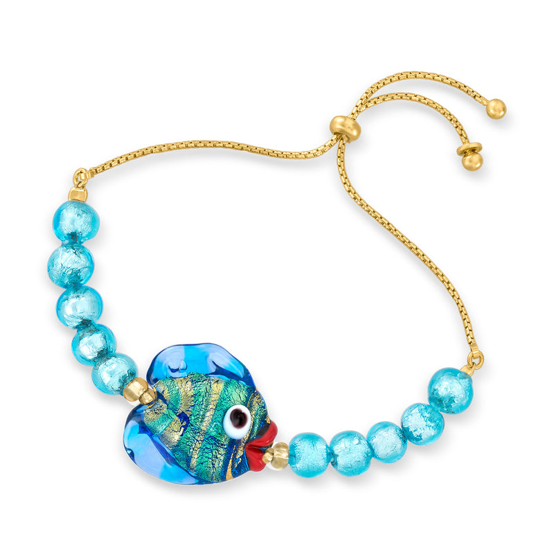 Turquoise glass bead bolo bracelet with large blue fish charm and gold-tone cord ends