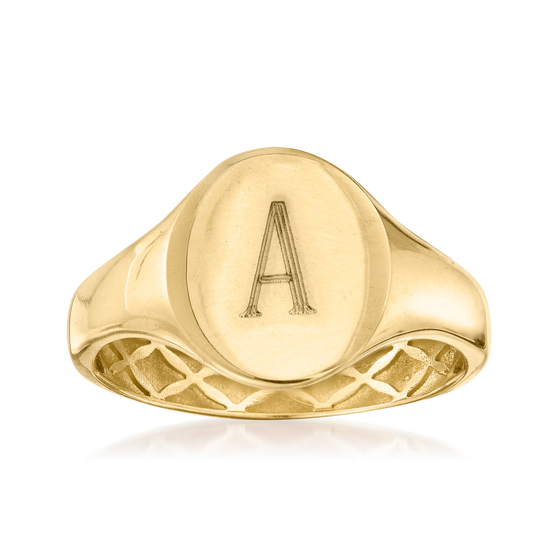 14kt yellow gold oval signet ring with engraved letter A on face