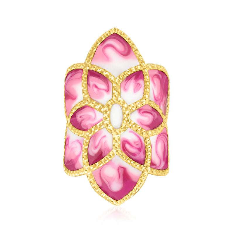 14kt yellow gold enamel flower ring with pink and white petal designs