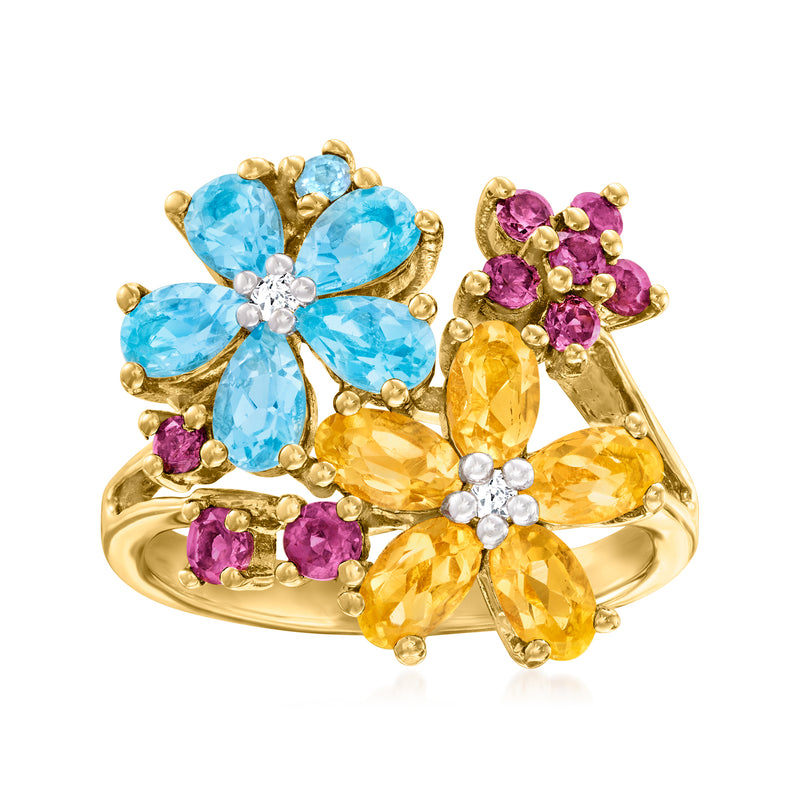 18kt gold over sterling multi-gem flower ring with blue, purple, and yellow stones