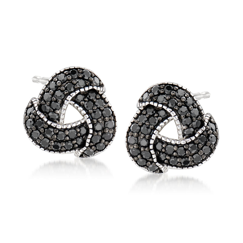 Black spinel love knot stud earrings in sterling silver, black stone halo loops