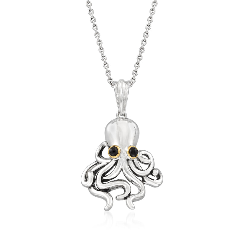 Sterling silver octopus pendant necklace with black onyx eyes on a chain