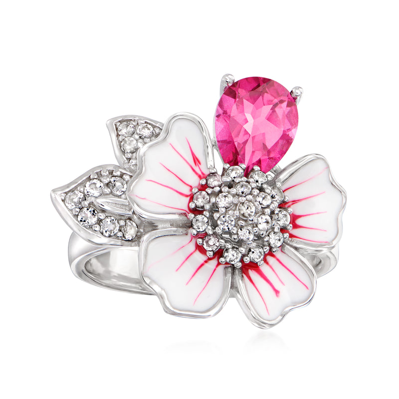 Sterling silver pink topaz flower ring with white enamel petals and red accents
