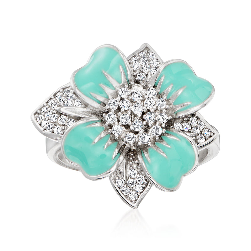 Sterling silver flower ring with aqua enamel petals and white sparkle stones