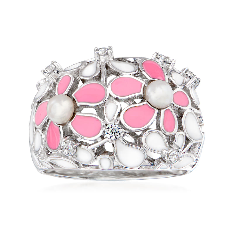 Sterling silver ring with pink enamel flower cluster, two white cultured pearls, clear stones.