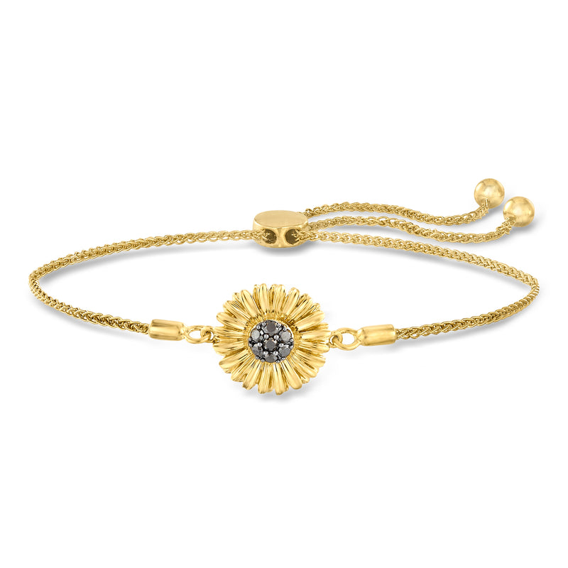 Gold sunflower bolo bracelet with dark round center stone and chain ends