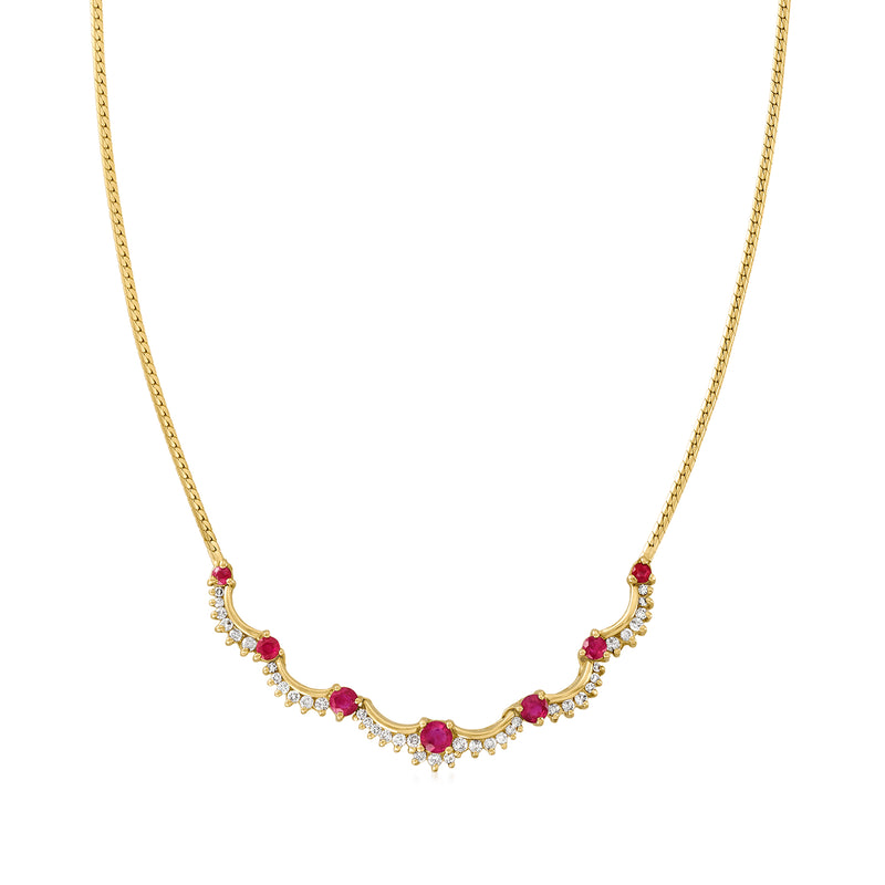 14kt yellow gold scalloped necklace with ruby and diamond accents, curved flower stations
