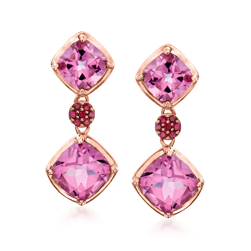 Rose gold drop earrings with faceted pink topaz teardrops and ruby cluster accents
