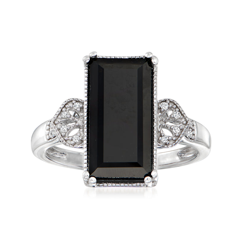 Sterling silver ring with rectangular black onyx center and diamond accents, openwork sides