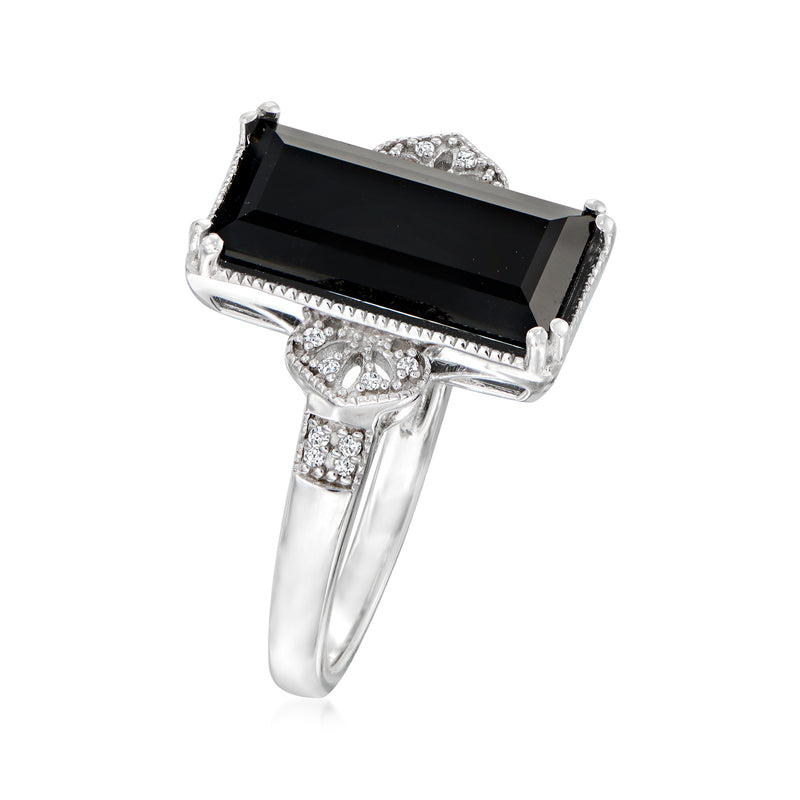 Sterling silver ring with rectangular onyx and diamond accents
