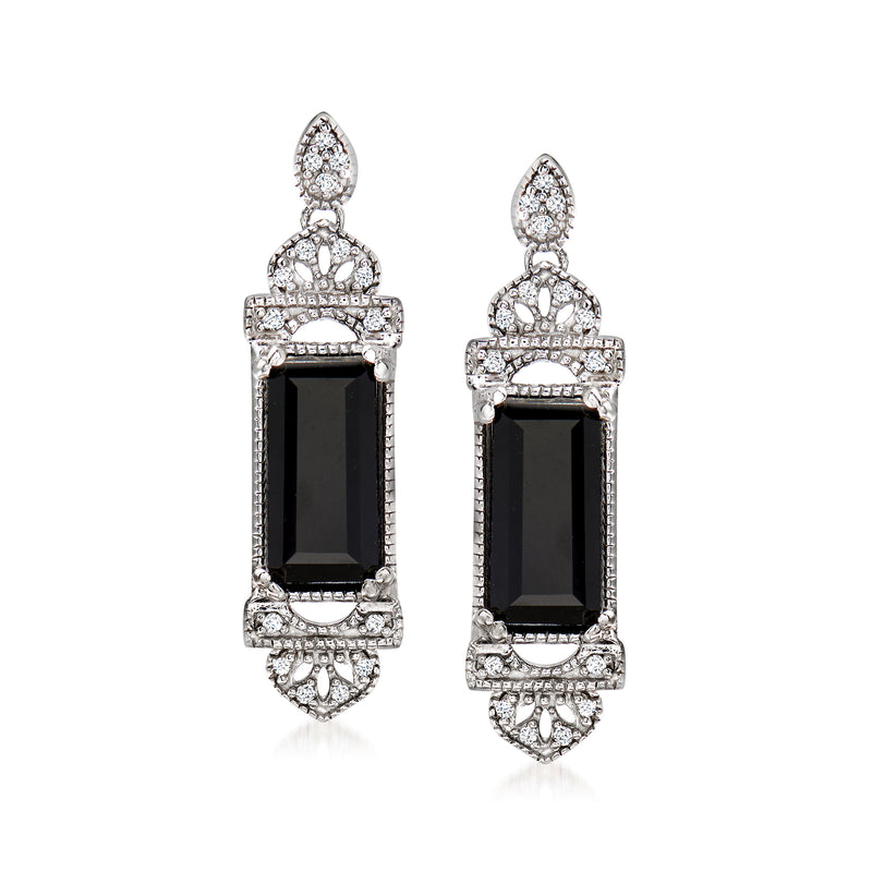 Sterling silver drop earrings with black onyx rectangle and clear diamond accents