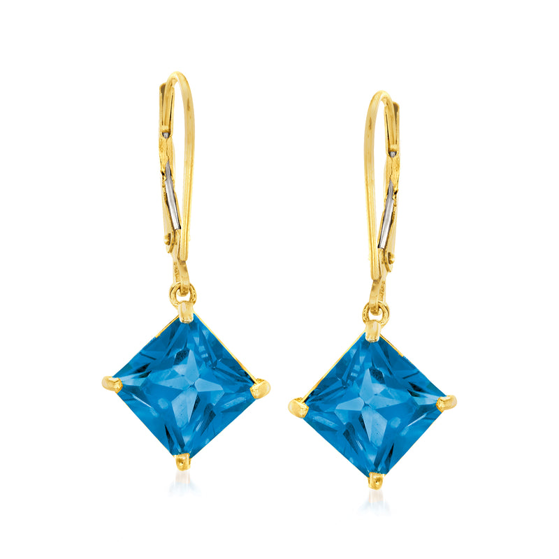 14kt yellow gold leverback drop earrings, London blue square gemstones