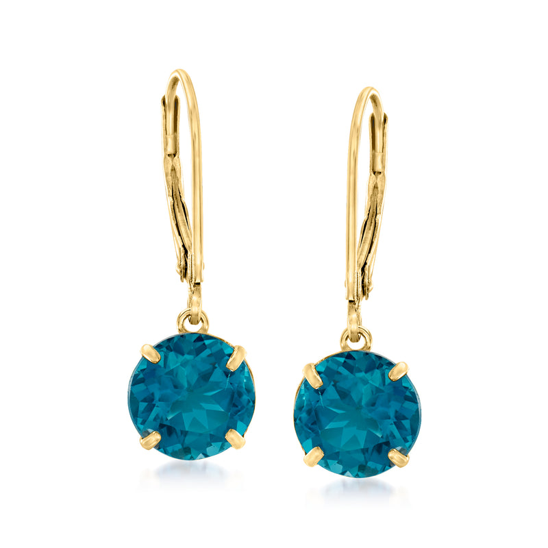 14kt yellow gold leverback drop earrings with bezel-set round blue gemstones
