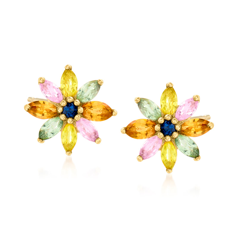 Multicolored sapphire flower stud earrings in 14kt yellow gold, post backs