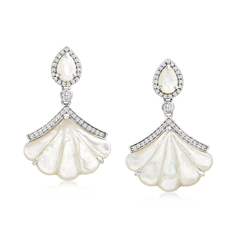 Fan drop earrings with mother-of-pearl fan and clear zircon stones, sterling silver hooks