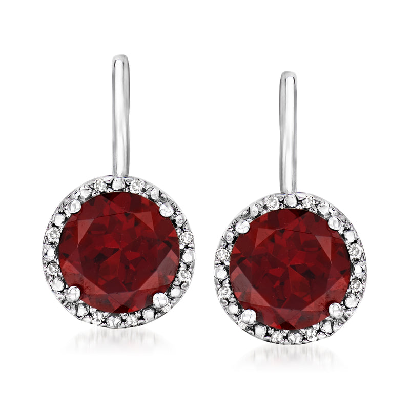 Sterling silver round garnet drop earrings with diamond accents, leverback closure