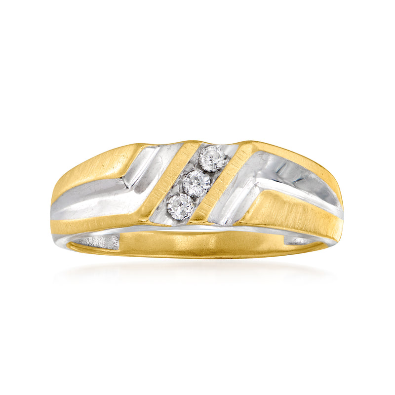 Two-tone 14kt gold diamond ring with three round stones in chevron band