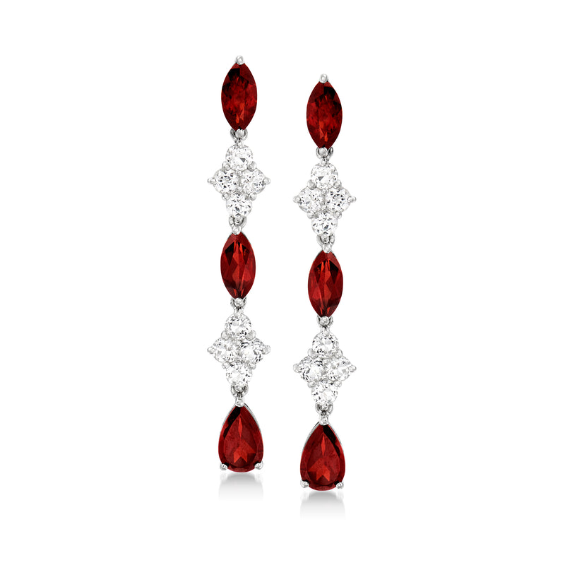 Sterling silver drop earrings with red marquise garnets and white topaz clusters