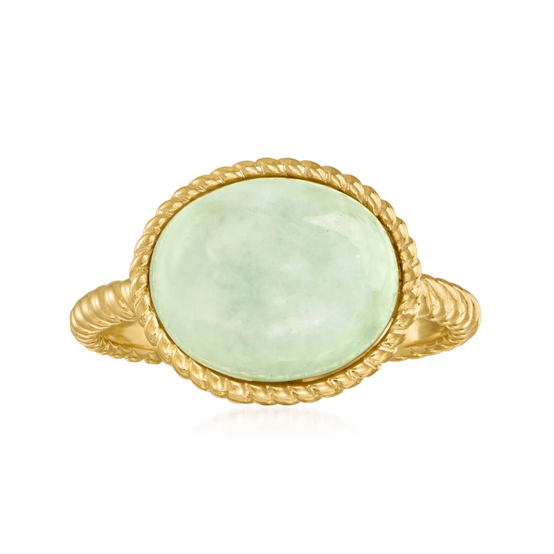 Gold rope ring with oval light jade green cabochon, bezel-set