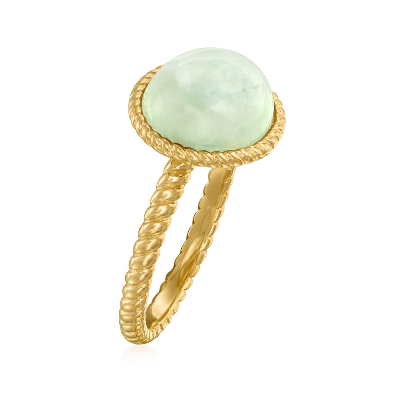 Gold rope band ring with oval light jade green cabochon, side view