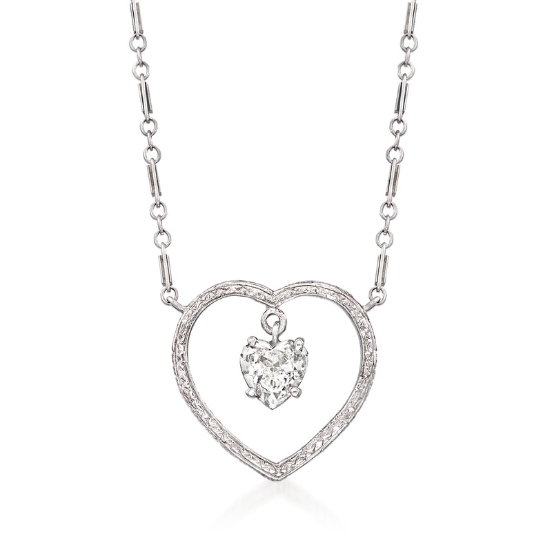 Vintage diamond heart open-space necklace in platinum and white gold, heart pendant
