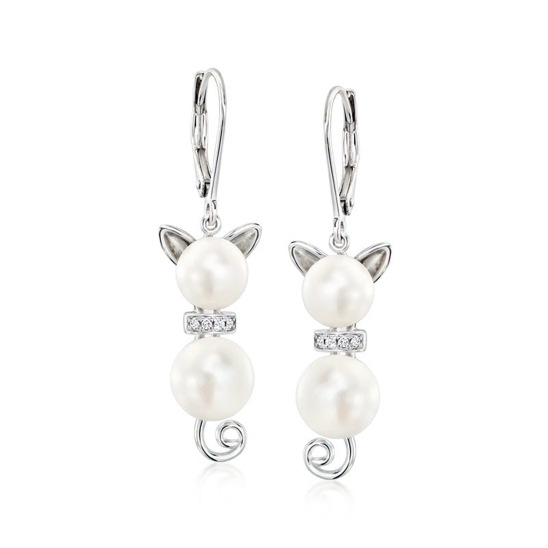 Sterling silver cat drop earrings with leverback, cultured white pearls and diamond accents