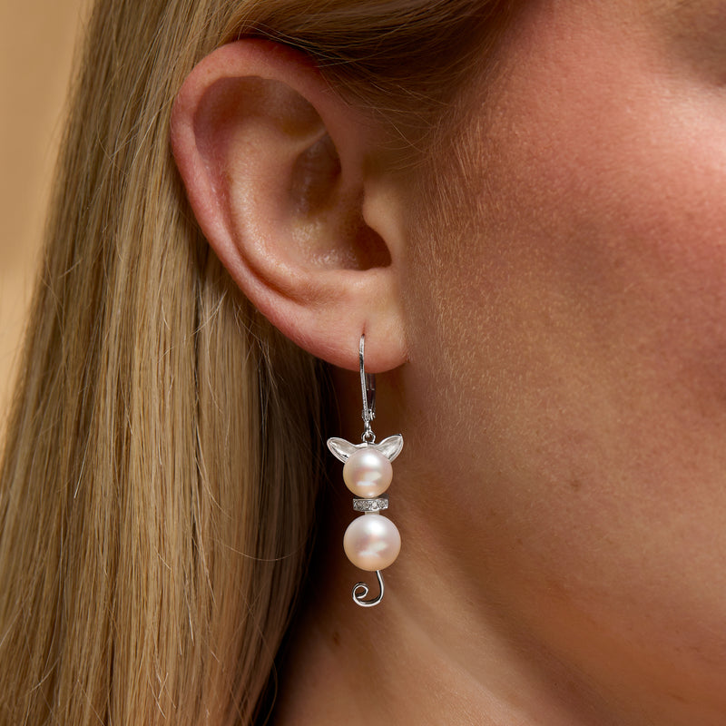 Sterling silver leverback cat drop earrings with two cultured white pearls and diamond sparkle