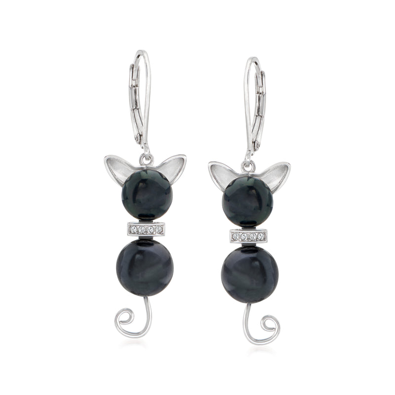 Sterling silver cat drop earrings with black cultured pearl heads and leverback closures