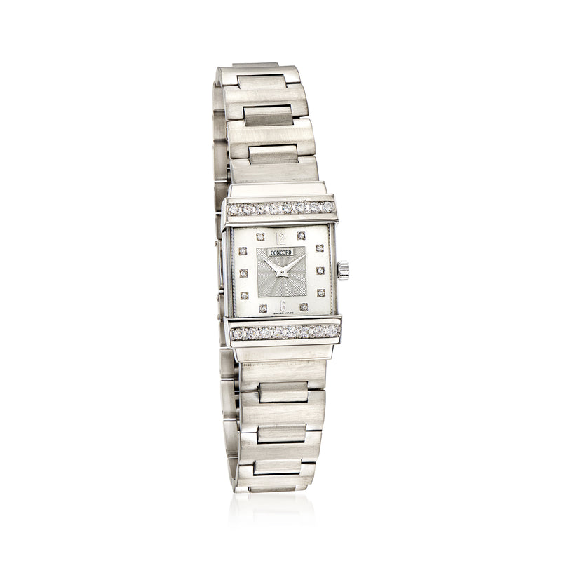 Vintage white gold diamond dress watch with rectangular dial and gem-set bezel, metal bracelet