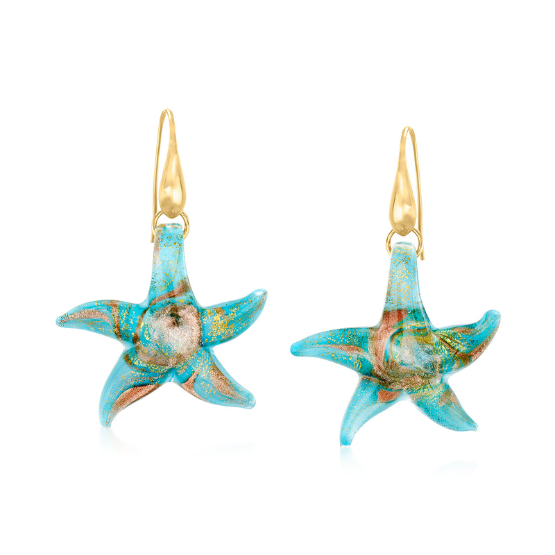 Starfish drop earrings with blue-green Murano glass stars and gold-tone hooks