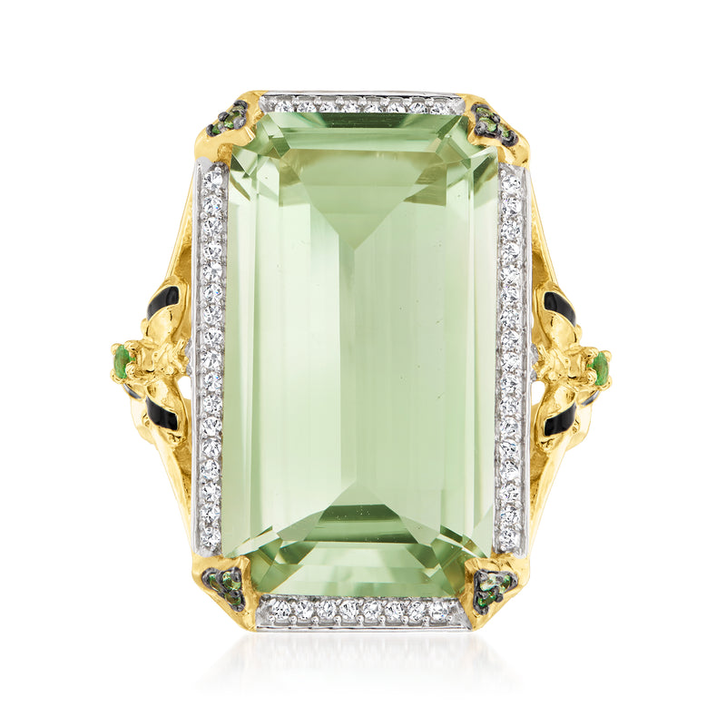 Rectangular prasiolite ring with white topaz halo, black enamel bee details, gold setting