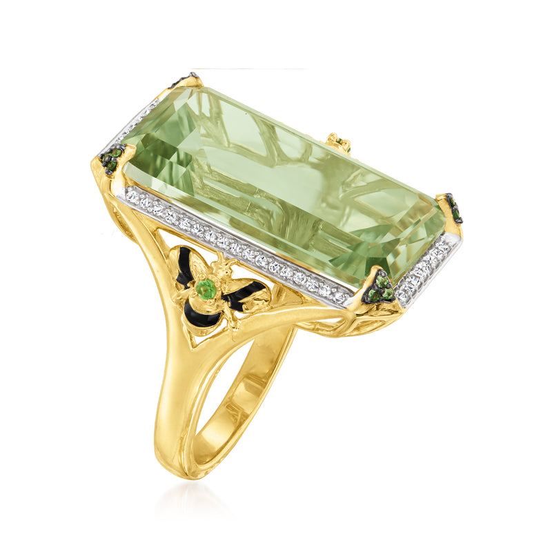 Gold ring with rectangular green prasiolite, white topaz accents, and black enamel bee motif